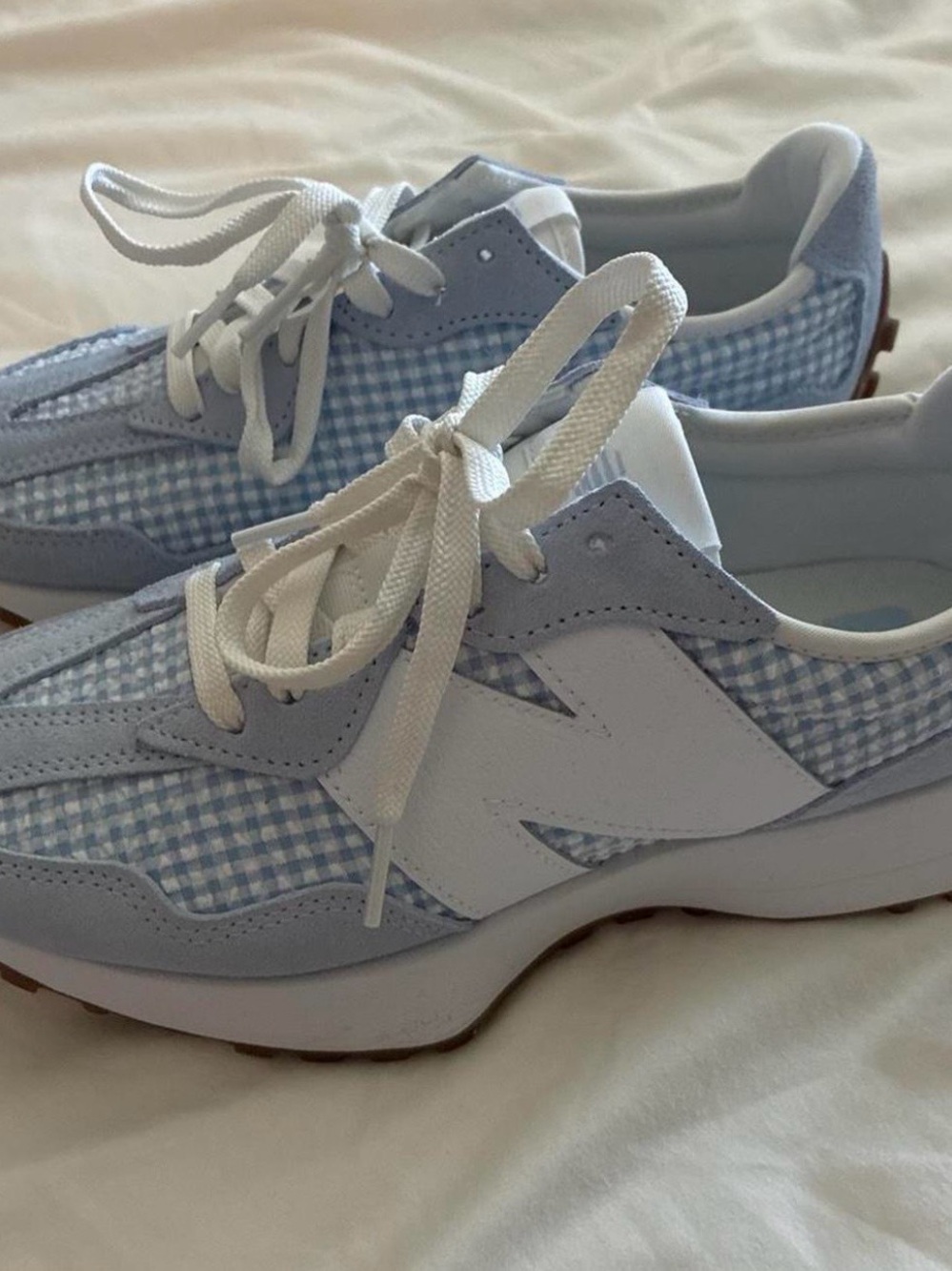 New Balance Women's Light Blue Gingham 327 Sneaker with White Accents